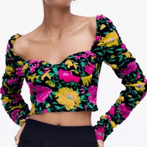 NEW Zara Floral Sweetheart Neckline Ruched Long Sleeve Crop Blouse Top L Vibrant - Picture 1 of 9